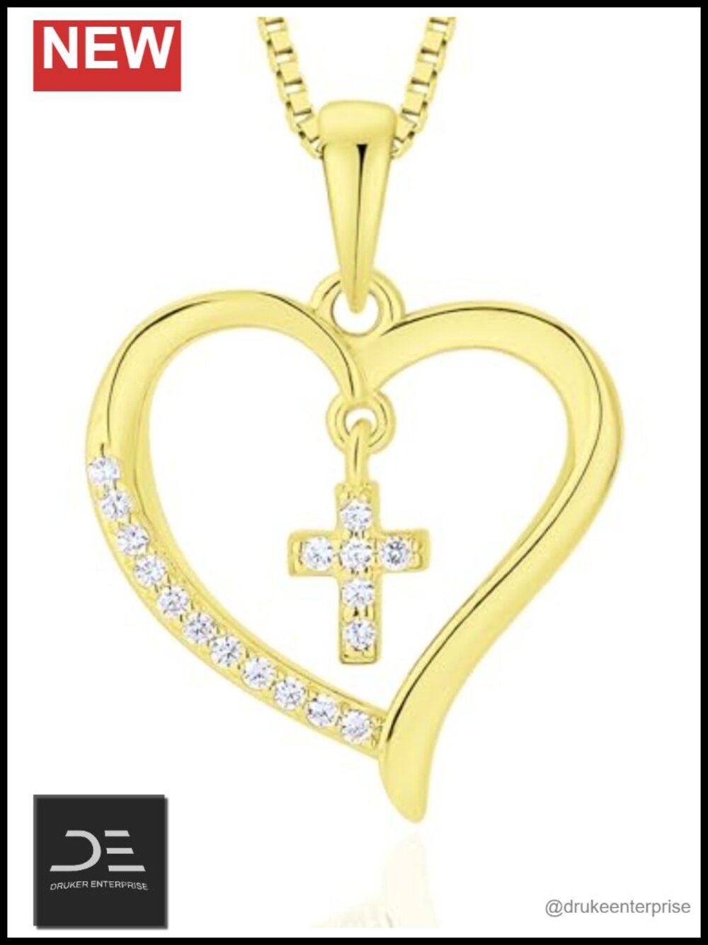 14K Gold Plated Sterling Silver Heart Cross Pendant Necklace with CZ Birthstones
